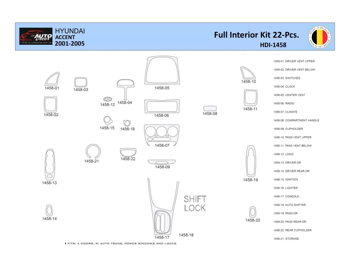 Hyundai Accent 2001-2005 Interior WHZ Dashboard trim kit 22 Parts - 1 - Interior Dash Trim Kit