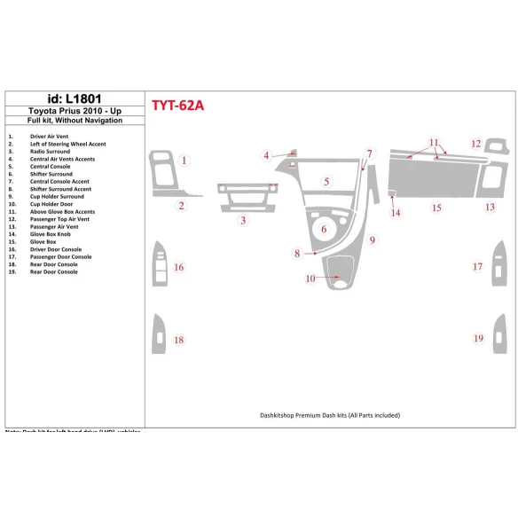 Toyota Prius 2010-UP Full Set, Without NAVI Interior BD Dash Trim Kit