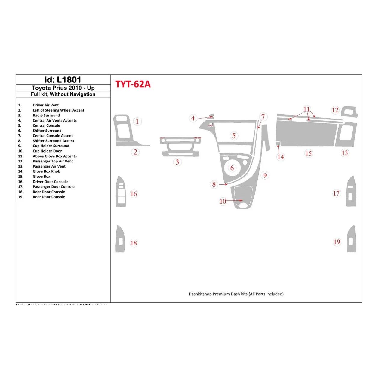 Toyota Prius 2010-UP Full Set, Without NAVI Interior BD Dash Trim Kit