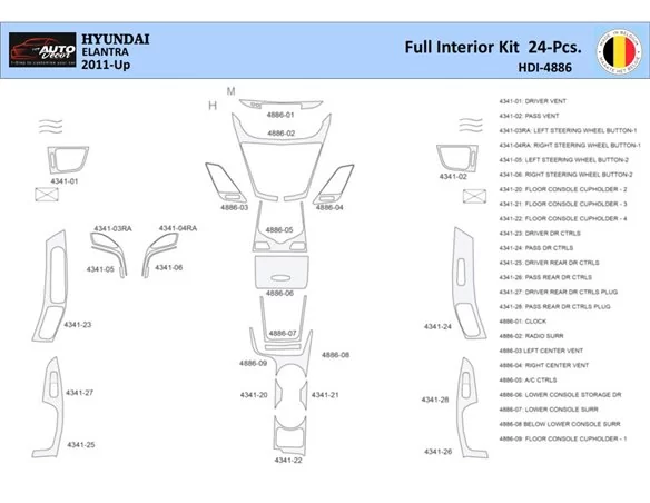 Hyundai Elantra 2010-2015 Interior WHZ Dashboard trim kit 24 Parts - 1 - Interior Dash Trim Kit