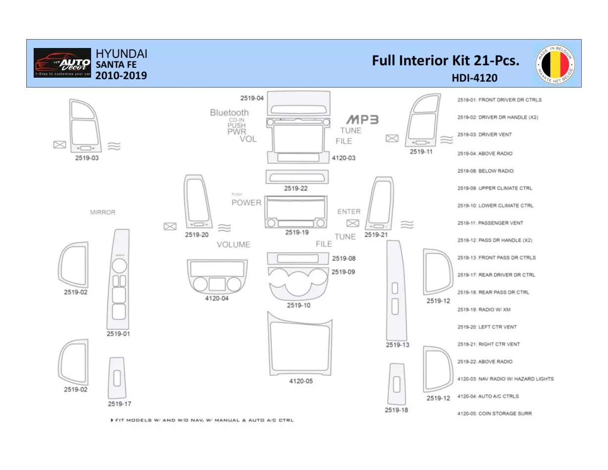 Hyundai Santa Fe 2010-2012 Interior WHZ Dashboard trim kit 21 Parts - 1 - Interior Dash Trim Kit