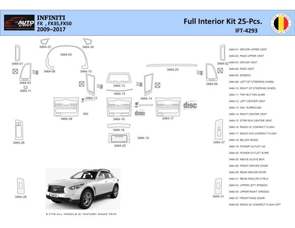 Infiniti FX S51 2009-2017 Interior WHZ Dashboard trim kit 25 Parts - 1 - Interior Dash Trim Kit