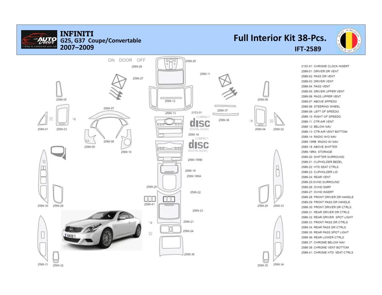 Infiniti G35 2007–2013 Sedan Interior WHZ Dashboard trim kit 38 Parts - 1 - Interior Dash Trim Kit