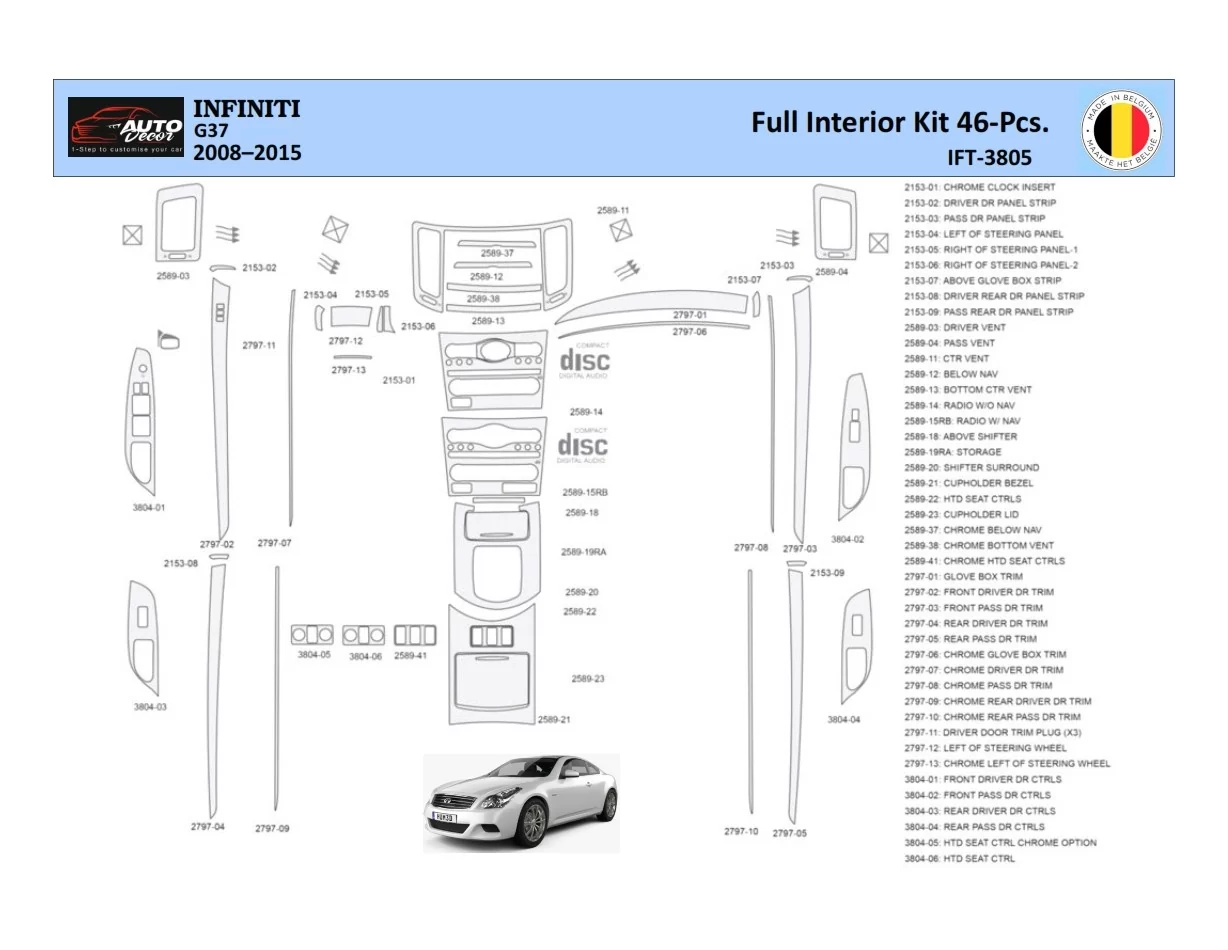 Infiniti G37 2008–2015 Sedan Interior WHZ Dashboard trim kit 46 Parts - 1 - Interior Dash Trim Kit