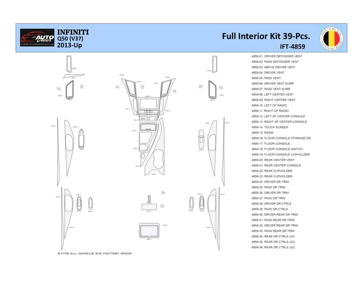Infiniti Q50 V37 2014–present Interior WHZ Dashboard trim kit 39 Parts - 1 - Interior Dash Trim Kit
