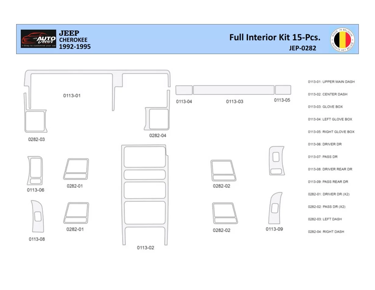 Jeep Cherokee 1992-1995 Interior WHZ Dashboard trim kit 15 Parts - 1 - Interior Dash Trim Kit