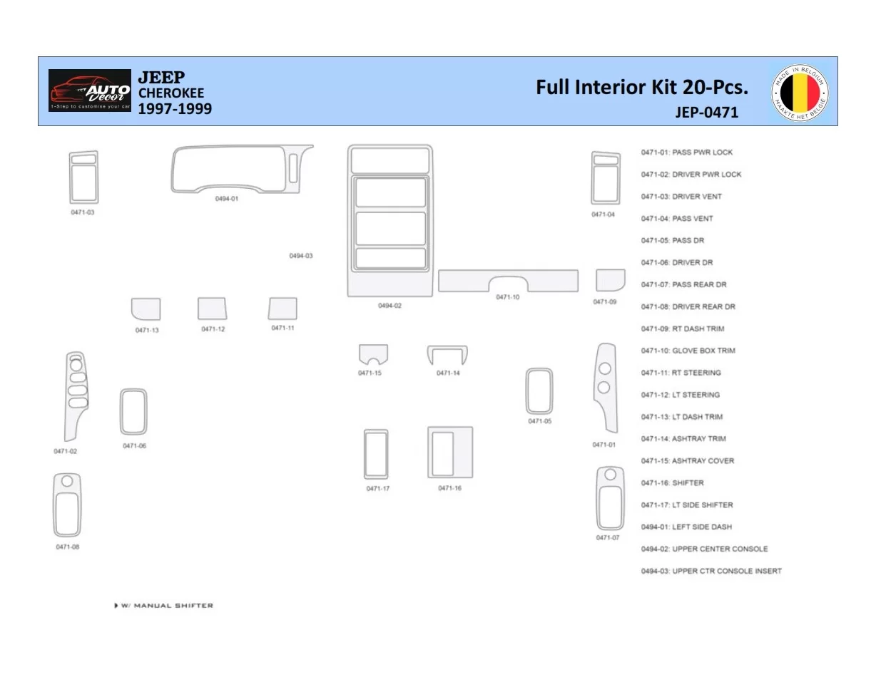Jeep Cherokee 1997-1999 Interior WHZ Dashboard trim kit 20 Parts - 1 - Interior Dash Trim Kit