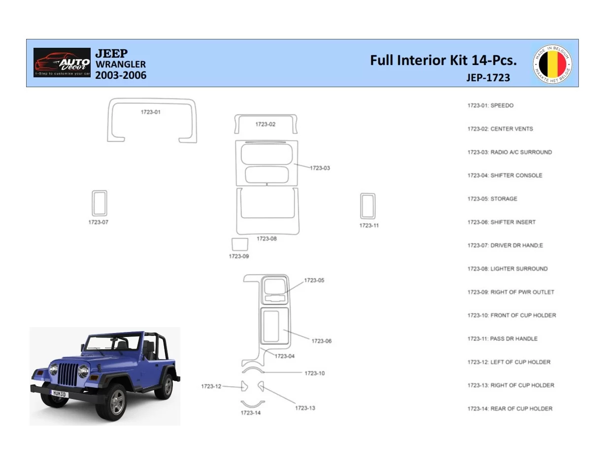 Jeep Wrangler 2003 Interior WHZ Dashboard trim kit 14 Parts - 1 - Interior Dash Trim Kit