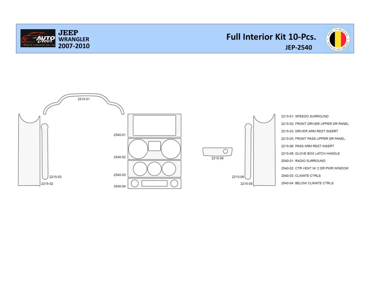 Jeep Wrangler 2007-2010 Interior WHZ Dashboard trim kit 10 Parts - 1 - Interior Dash Trim Kit