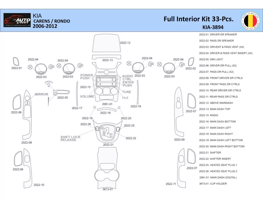 KIA Carens 2009 Interior WHZ Dashboard trim kit 32 Parts - 1 - Interior Dash Trim Kit