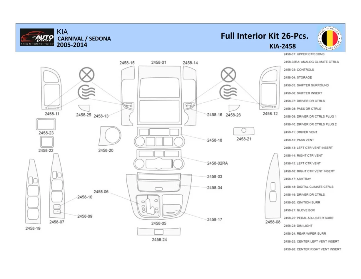 Kia Carnival 2005-2014 Interior WHZ Dashboard trim kit 26 Parts - 1 - Interior Dash Trim Kit