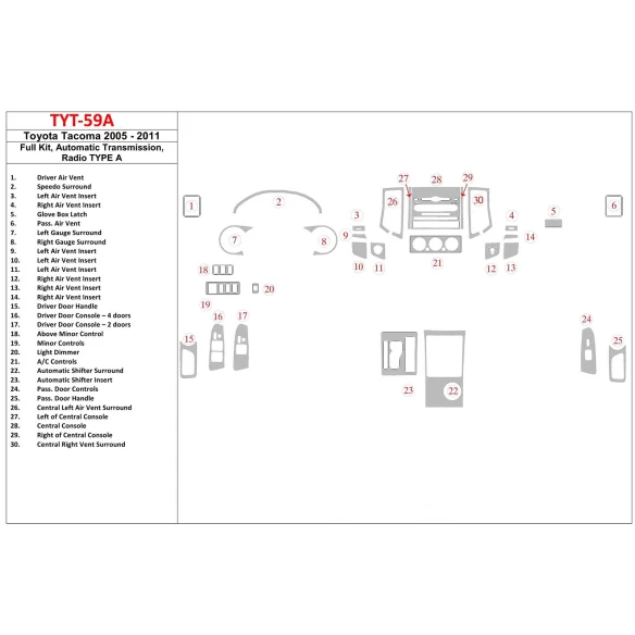 Toyota Tacoma 2005-UP Full Set, Automatic Gear, Radio TYPE A Interior BD Dash Trim Kit