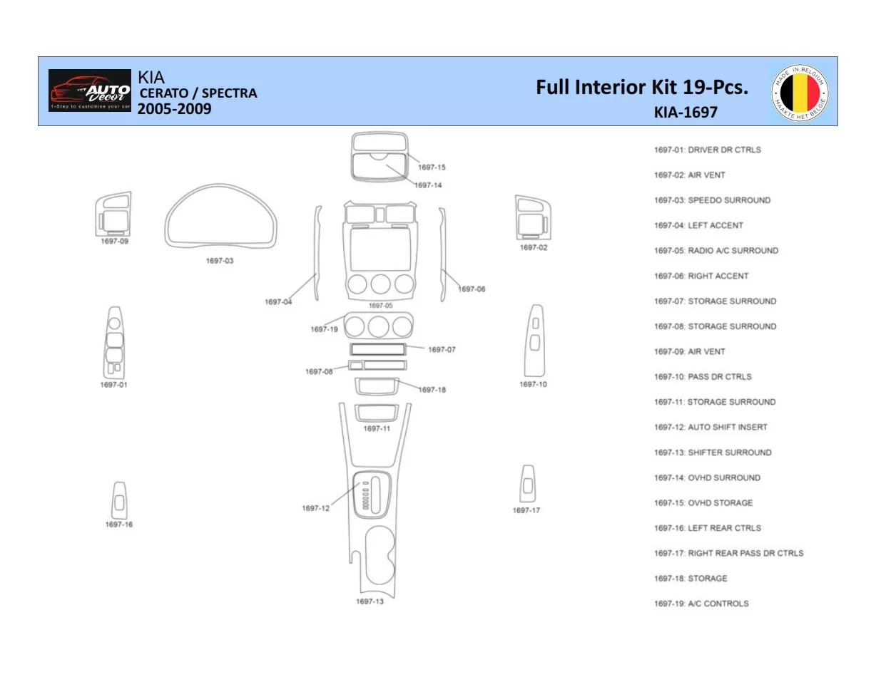 KIA Cerato-2005 Interior WHZ Dashboard trim kit 19 Parts - 1 - Interior Dash Trim Kit