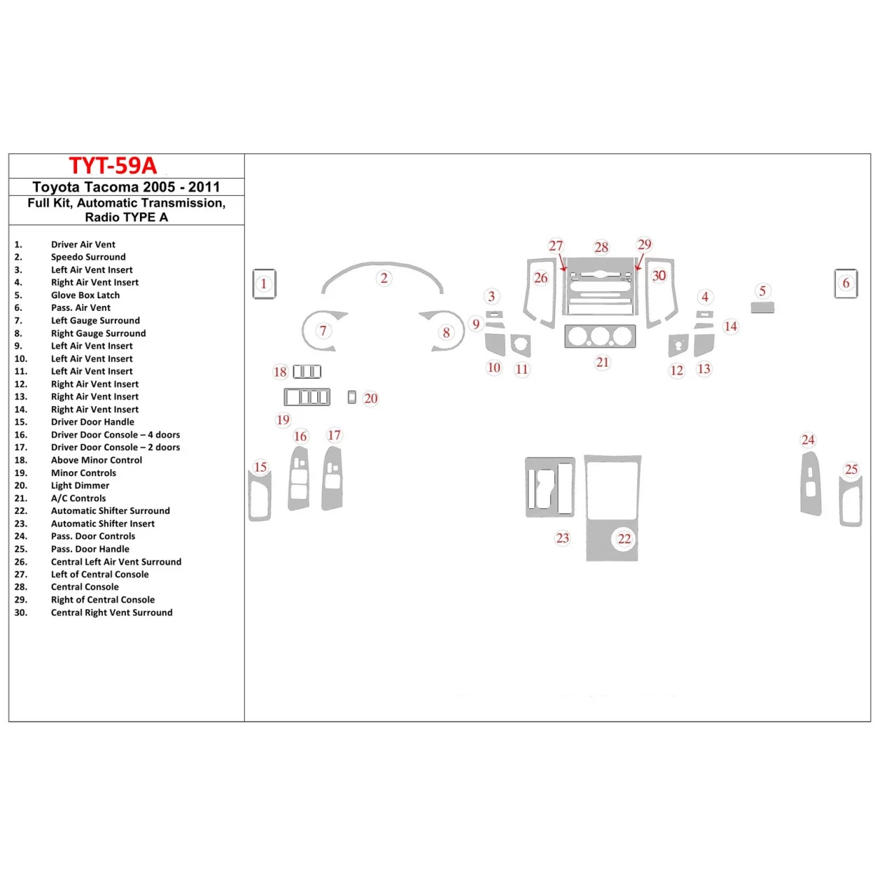 Toyota Tacoma 2005-UP Full Set, Automatic Gear, Radio TYPE A Interior BD Dash Trim Kit