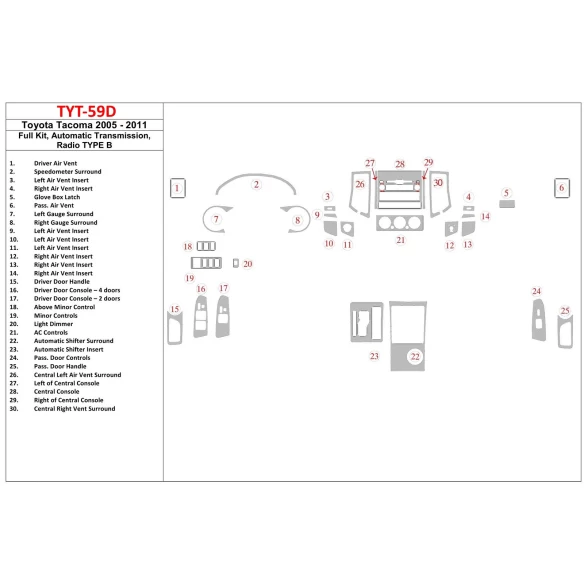 Toyota Tacoma 2005-UP Full Set, Automatic Gear, Radio TYPE B Interior BD Dash Trim Kit