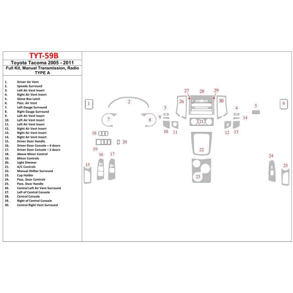 Toyota Tacoma 2005-UP Full Set, Manual Gear Box, Radio TYPE A Interior BD Dash Trim Kit