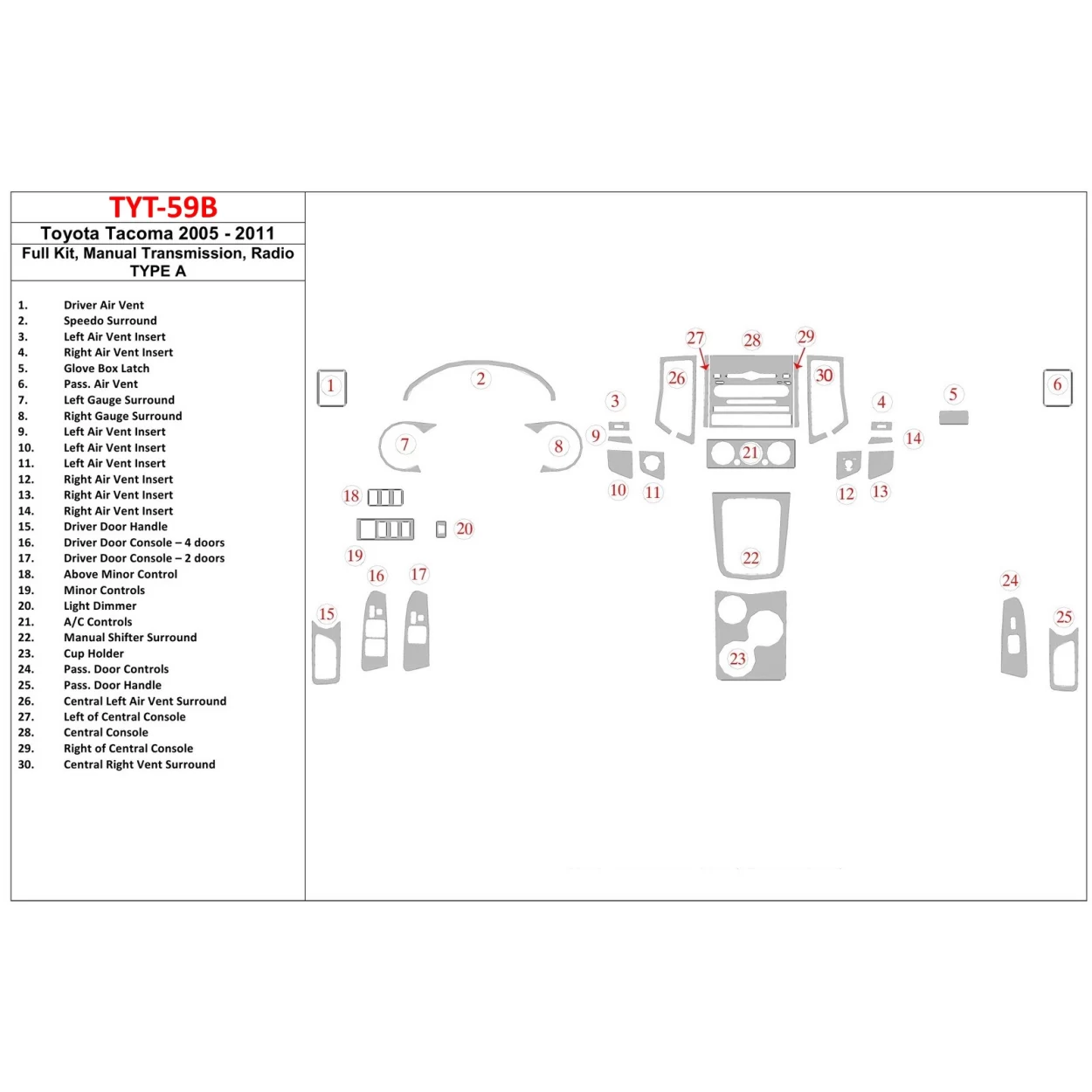 Toyota Tacoma 2005-UP Full Set, Manual Gear Box, Radio TYPE A Interior BD Dash Trim Kit