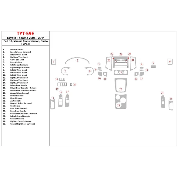 Toyota Tacoma 2005-UP Full Set, Manual Gear Box, Radio TYPE B Interior BD Dash Trim Kit