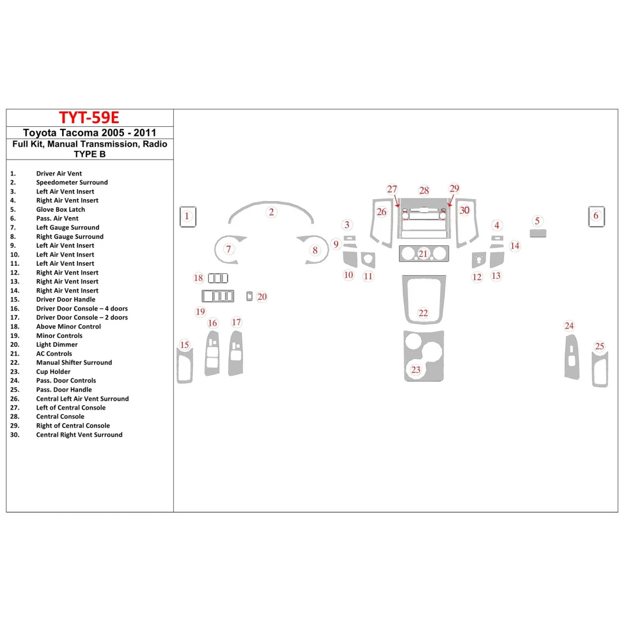 Toyota Tacoma 2005-UP Full Set, Manual Gear Box, Radio TYPE B Interior BD Dash Trim Kit