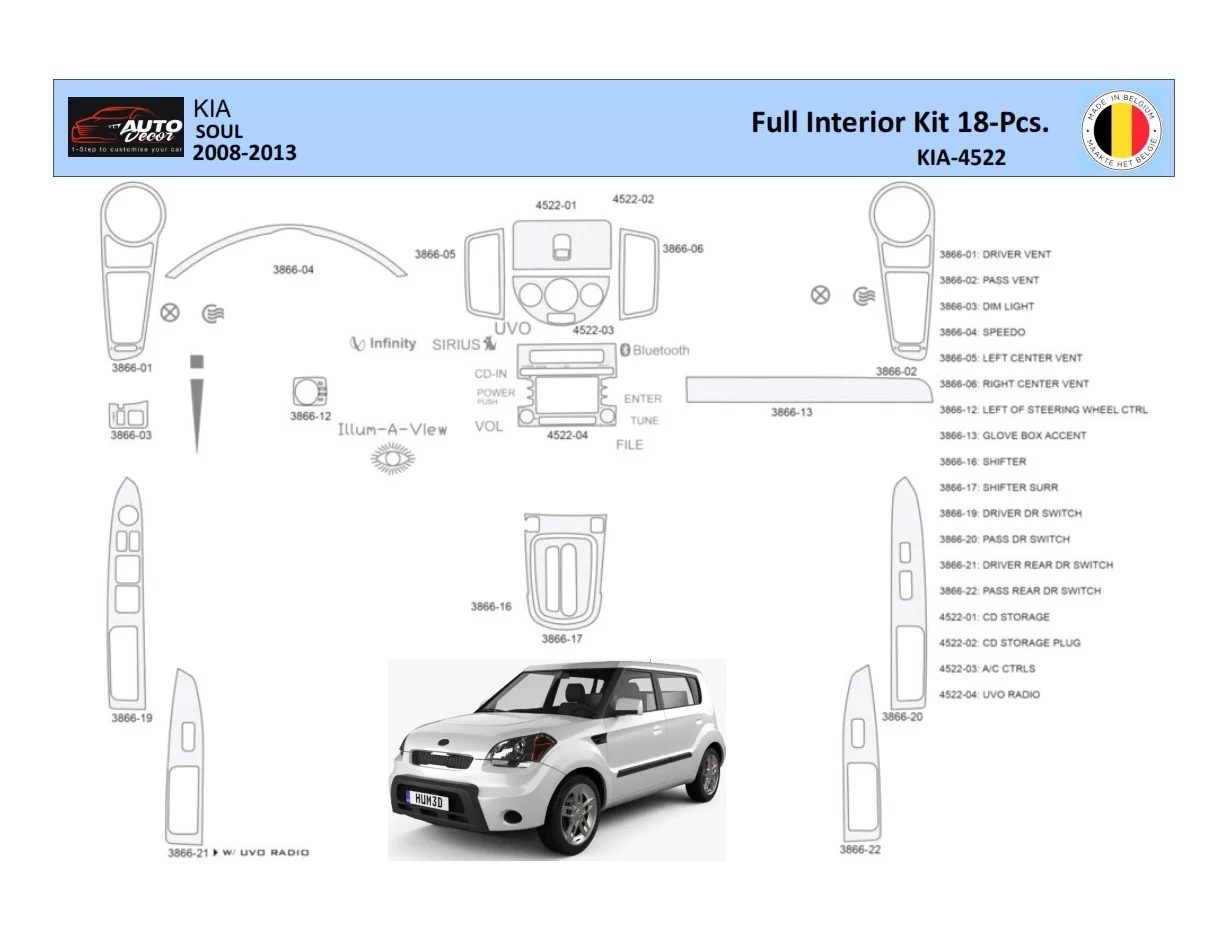 KIA Soul 2011 Interior WHZ Dashboard trim kit 22 Parts - 1 - Interior Dash Trim Kit