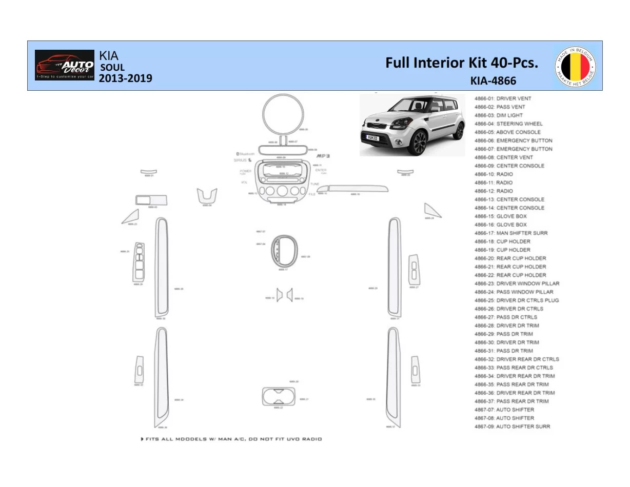 KIA Soul 2013 Interior WHZ Dashboard trim kit 40 Parts - 1 - Interior Dash Trim Kit