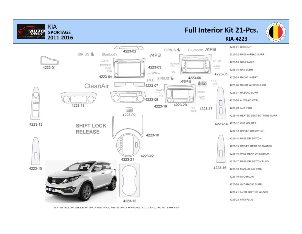 KIA Sportage 2011 Interior WHZ Dashboard trim kit 21 Parts - 1 - Interior Dash Trim Kit