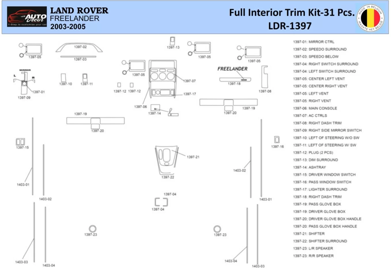 Land Rover Freelander I 2002 Interior WHZ Dashboard trim kit 31 Parts - 1 - Interior Dash Trim Kit