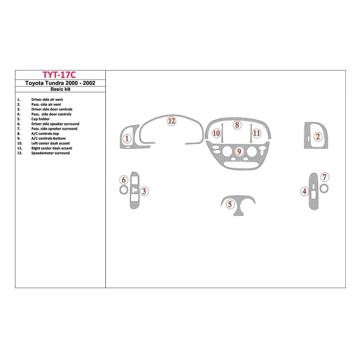 Toyota Tundra 2000-2002 2 & 4 Doors, Basic Set, 12 Parts set Interior BD Dash Trim Kit