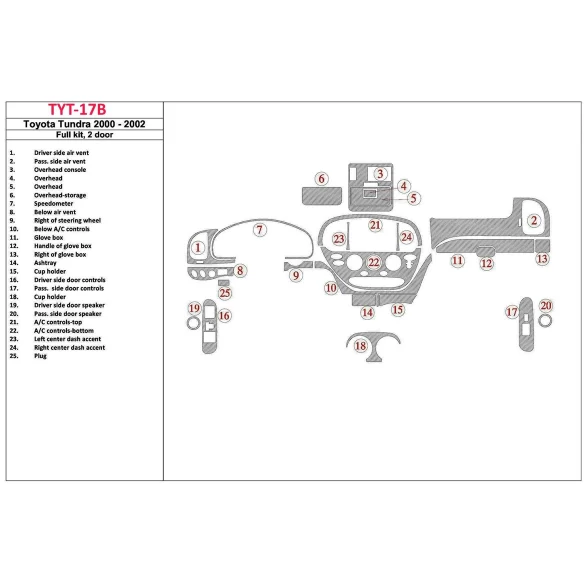 Toyota Tundra 2000-2002 2 Doors, Full Set, 25 Parts set Interior BD Dash Trim Kit