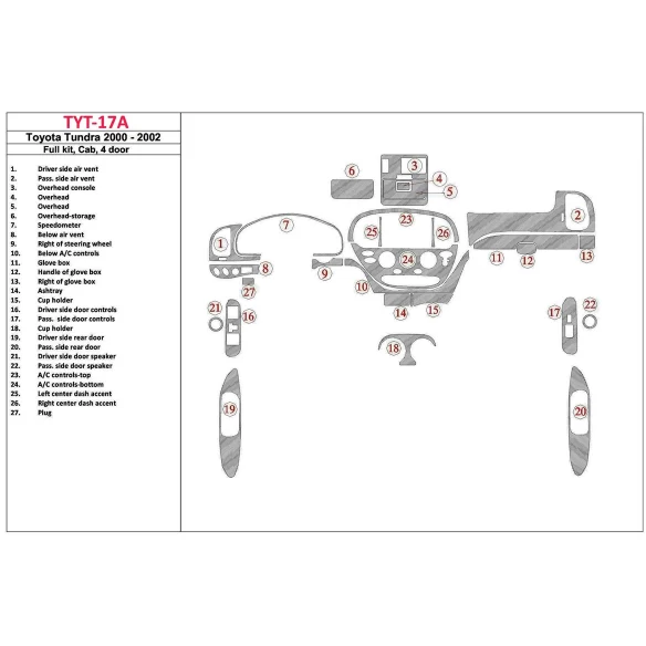 Toyota Tundra 2000-2002 4 Doors, Full Set, 27 Parts set Interior BD Dash Trim Kit
