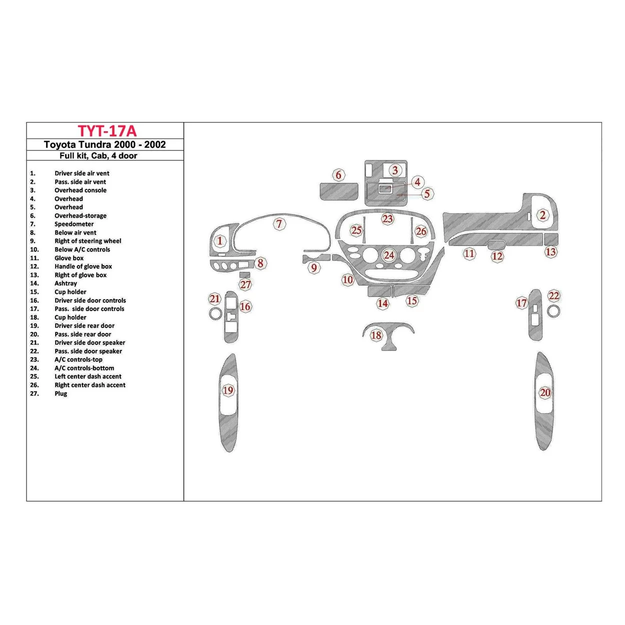 Toyota Tundra 2000-2002 4 Doors, Full Set, 27 Parts set Interior BD Dash Trim Kit