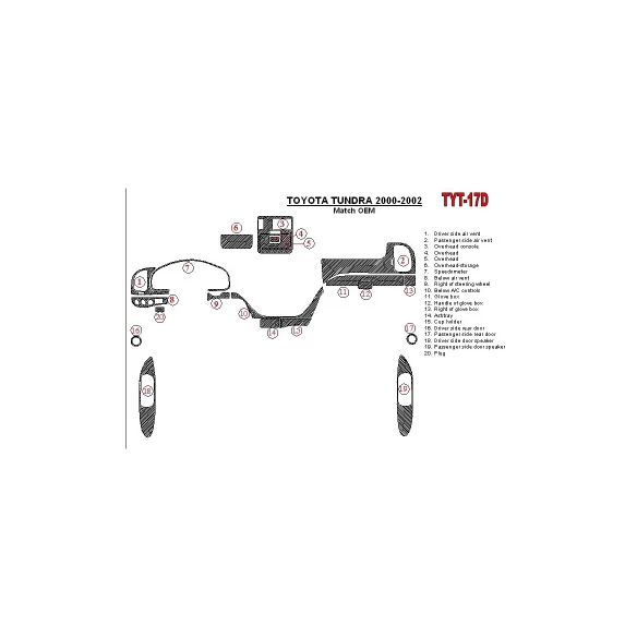 Toyota Tundra 2000-2002 4 Doors, OEM Compliance, 20 Parts set Interior BD Dash Trim Kit