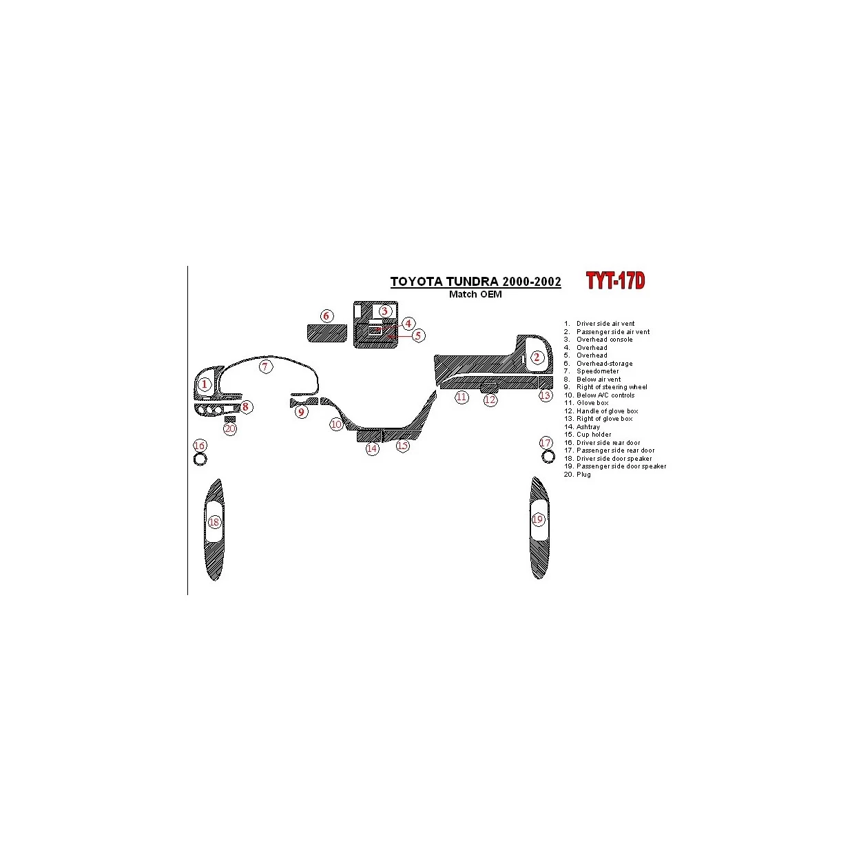 Toyota Tundra 2000-2002 4 Doors, OEM Compliance, 20 Parts set Interior BD Dash Trim Kit