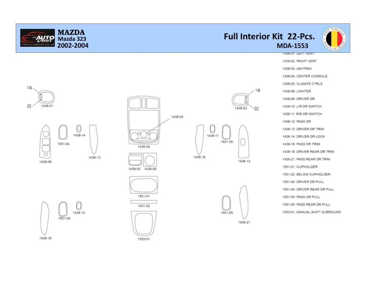 Mazda 323 2002-2004 Interior WHZ Dashboard trim kit 22 Parts - 1 - Interior Dash Trim Kit