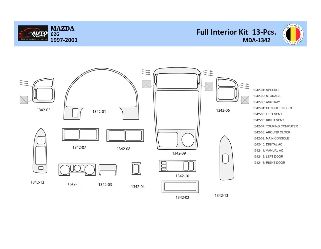 Mazda 626 1997-2001 Interior WHZ Dashboard trim kit 13 Parts - 1 - Interior Dash Trim Kit