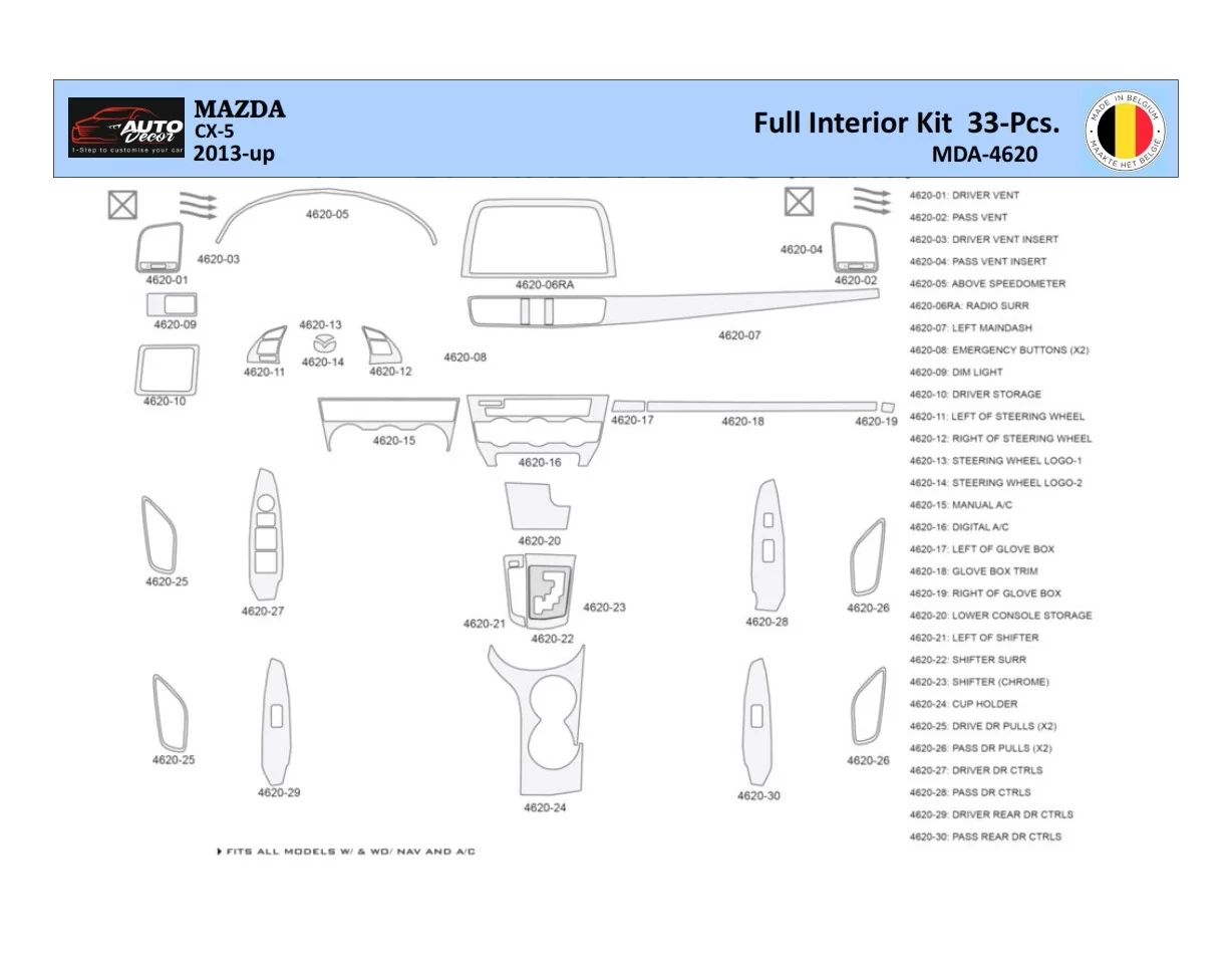 Mazda CX5 2013 Interior WHZ Dashboard trim kit 33 Parts - 1 - Interior Dash Trim Kit