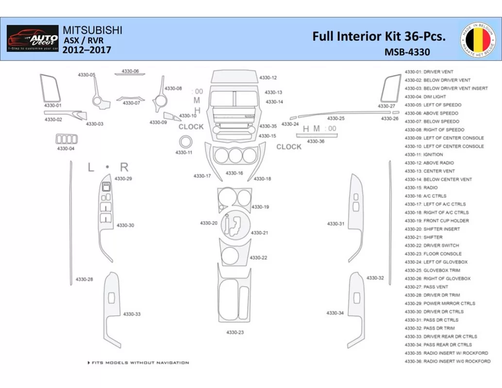 Mitsubishi ASX 2011 Interior WHZ Dashboard trim kit 36 Parts - 1 - Interior Dash Trim Kit