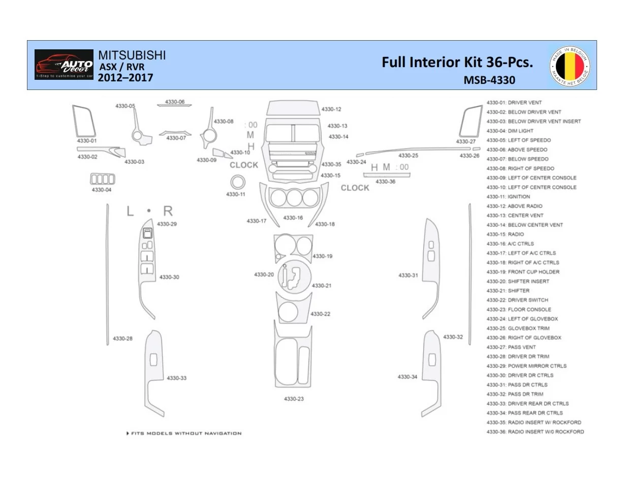 Mitsubishi ASX 2011 Interior WHZ Dashboard trim kit 36 Parts - 1 - Interior Dash Trim Kit