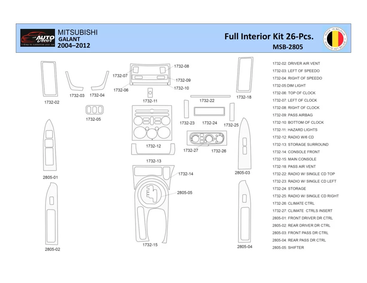 Mitsubishi Galant 2004-2012 Interior WHZ Dashboard trim kit 26 Parts - 1 - Interior Dash Trim Kit