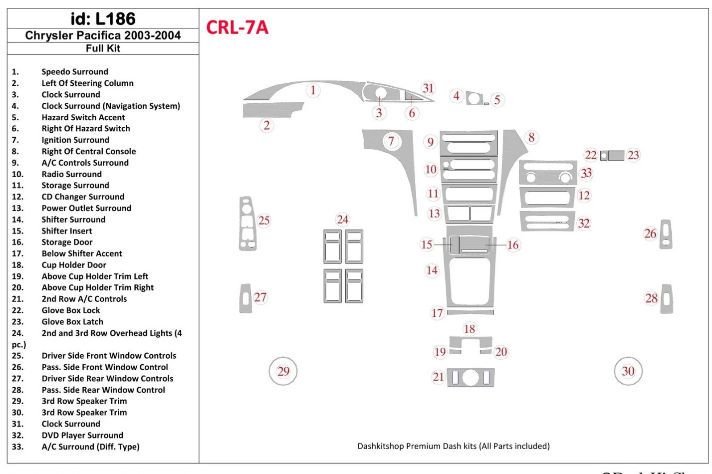 Chrysler Pacifica 2003-2004 Full Set, OEM Compliance Interior BD Dash Trim Kit - 1 - Interior Dash Trim Kit
