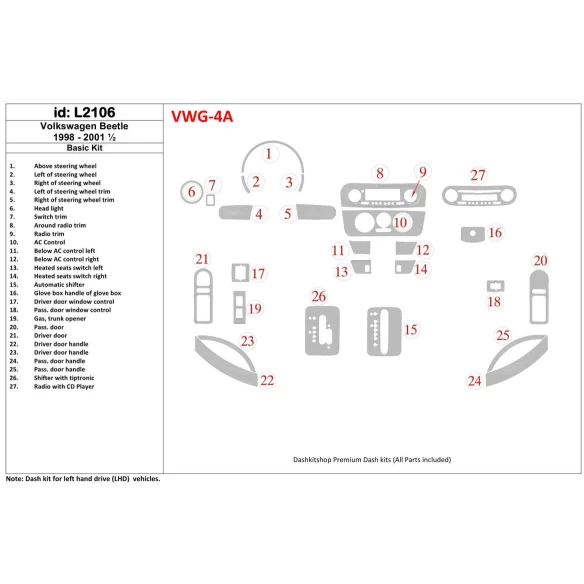 Volkswagen Beetle 1998-2001 Basic Set Interior BD Dash Trim Kit