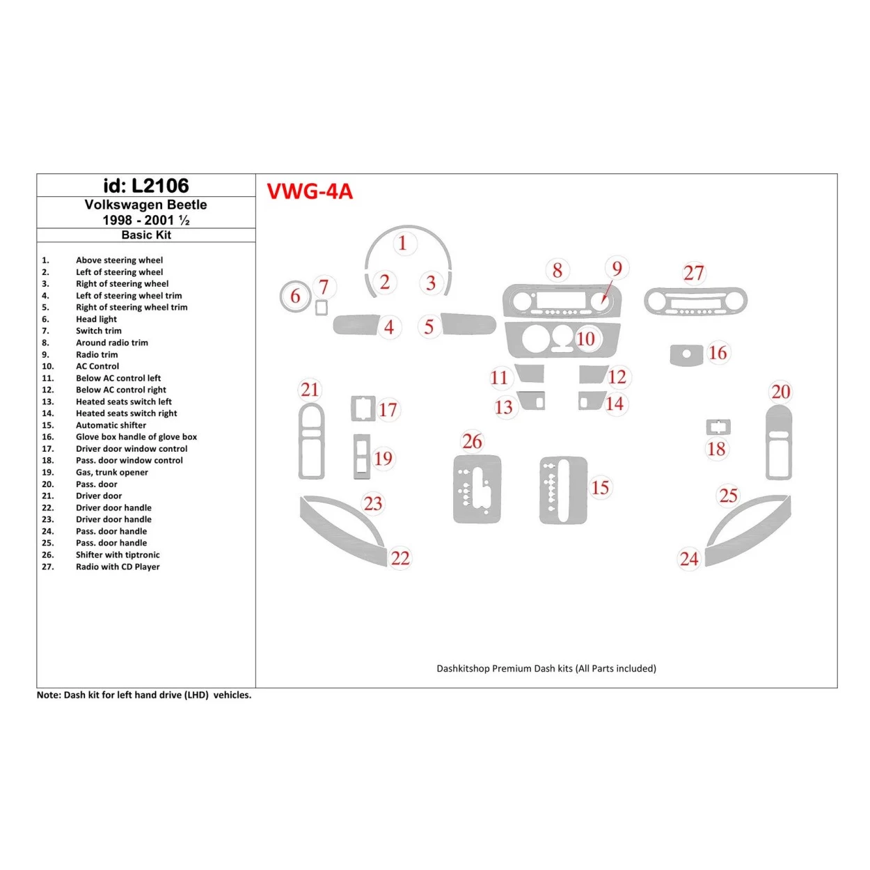 Volkswagen Beetle 1998-2001 Basic Set Interior BD Dash Trim Kit