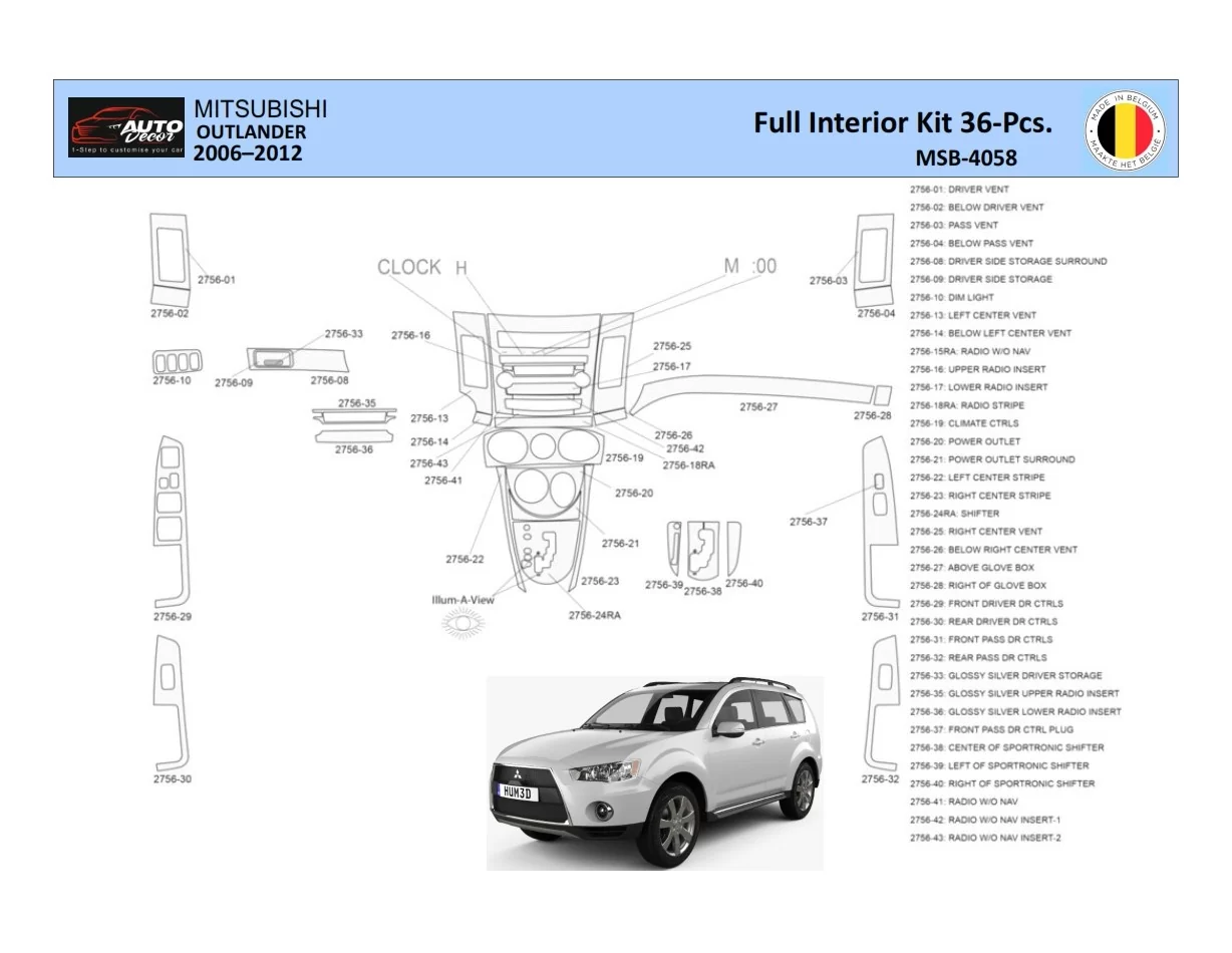 Mitsubishi Outlander 2006-2012 Interior WHZ Dashboard trim kit 36 Parts - 1 - Interior Dash Trim Kit