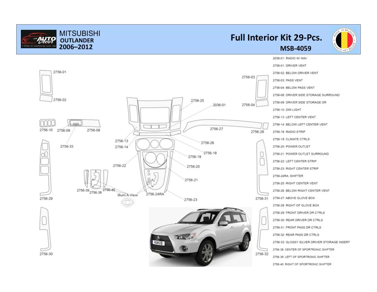 Mitsubishi Outlander 2006-2012 Interior WHZ Dashboard trim kit 29 Parts - 1 - Interior Dash Trim Kit