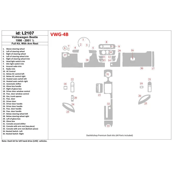 Volkswagen Beetle 1998-2001 Full Set, With Armrest, 33 Parts set Interior BD Dash Trim Kit