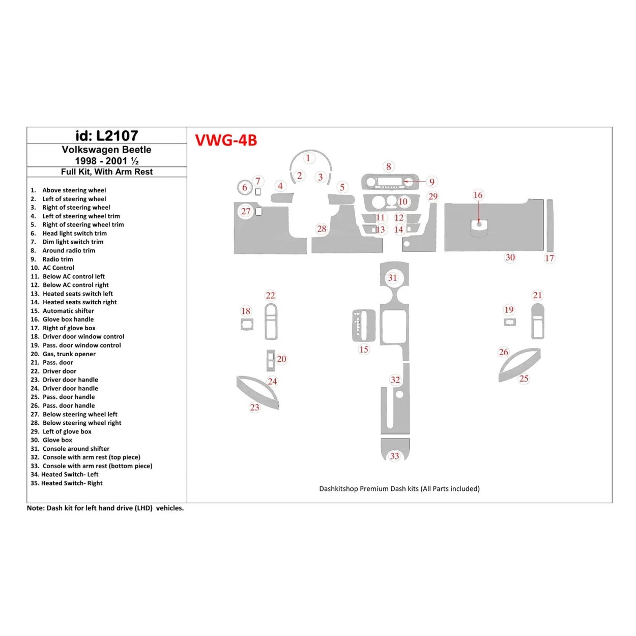Volkswagen Beetle 1998-2001 Full Set, With Armrest, 33 Parts set Interior BD Dash Trim Kit