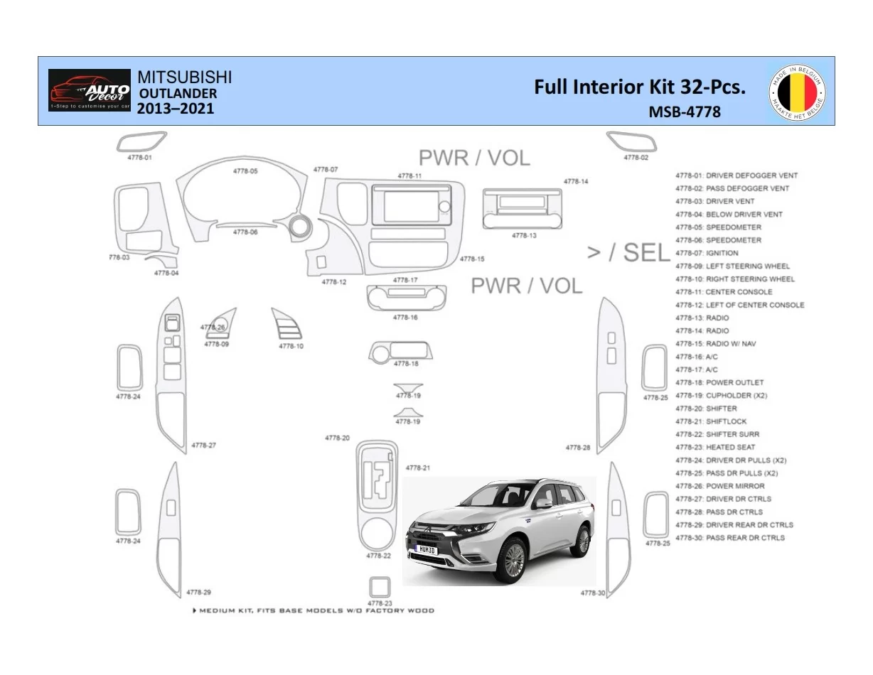 Mitsubishi Outlander 2013-2021 Interior WHZ Dashboard trim kit 32 Parts - 1 - Interior Dash Trim Kit