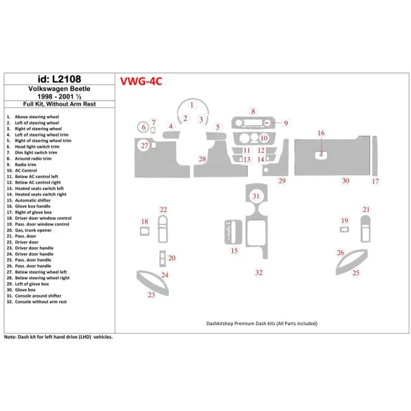 Volkswagen Beetle 1998-2001 Full Set, Without Armrest, 32 Parts set, Interior BD Dash Trim Kit