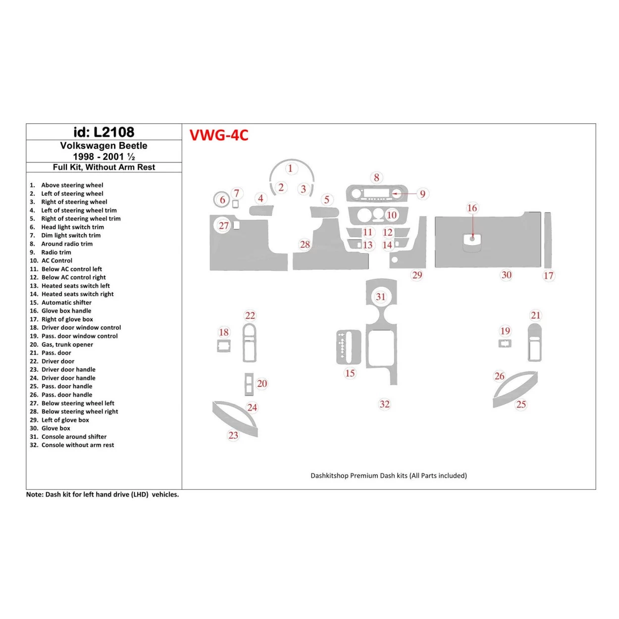Volkswagen Beetle 1998-2001 Full Set, Without Armrest, 32 Parts set, Interior BD Dash Trim Kit