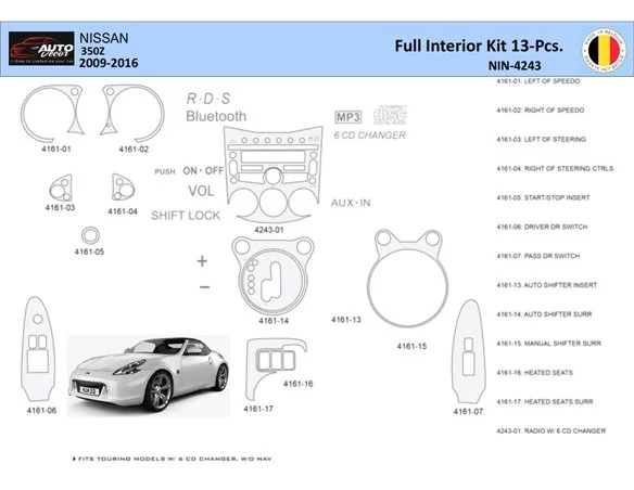Nissan 370Z-2009 Interior WHZ Dashboard trim kit 13 Parts - 1 - Interior Dash Trim Kit
